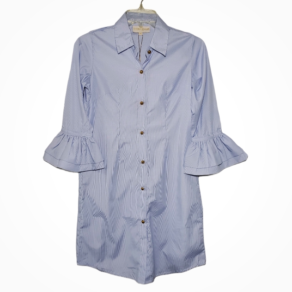Chelsea Gunn Blue & White Micro Stripe Shirt Dress Size XS
